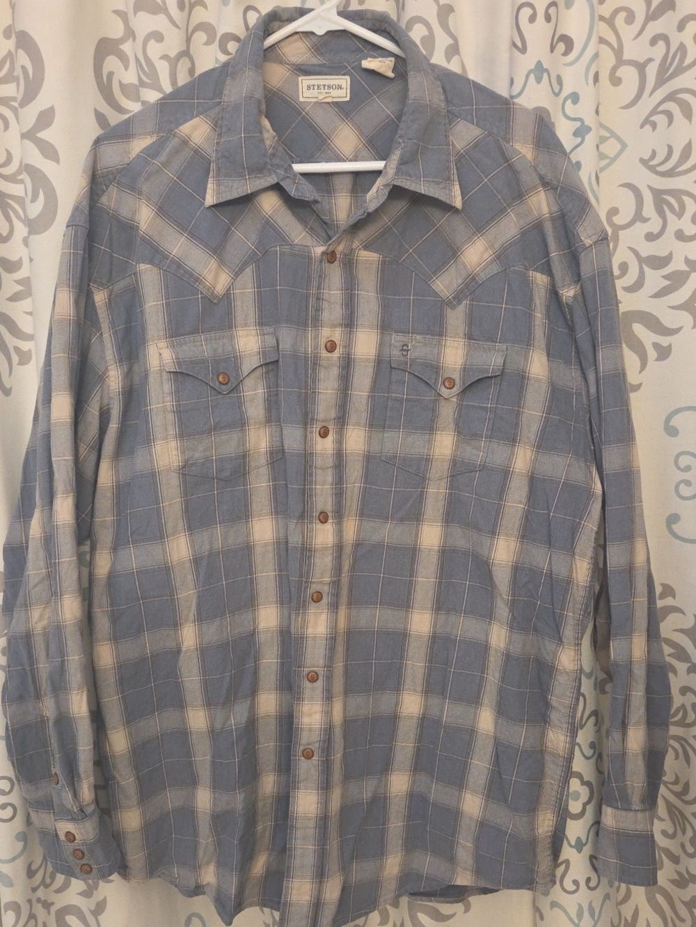 Stetson Light Blue and White Plaid Western Button-Up Shirt